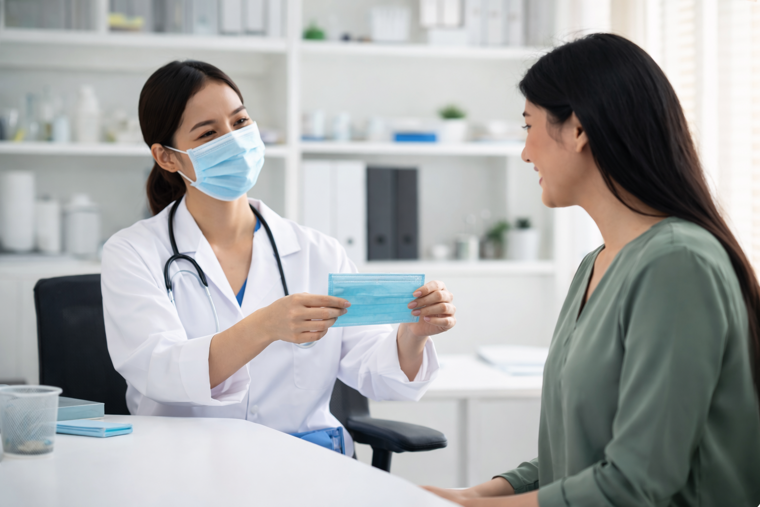 Worker inspecting mask under magnifying lens